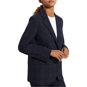 Theory Navy Dover Tech Plaid Two Button Blazer